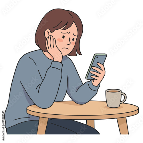 Woman sitting at a table looking worried while holding a phone and touching her face with a cup nearby