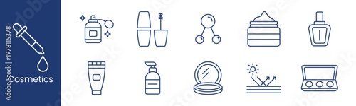 Cosmetics beauty skincare set icon. Dropper perfume mascara roller cream bottle tube pump mirror palette depict makeup hygiene treatment product.