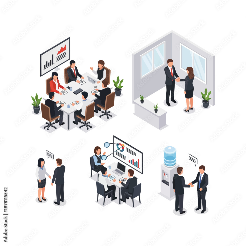 Naklejka premium Isometric Business Meeting and Handshake Scenes.