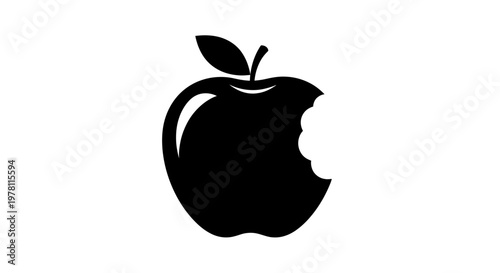 Bitten Black Apple Silhouette Icon, Simple Fruit Symbol on White Background