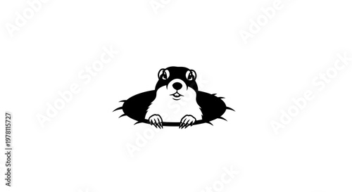Cute cartoon groundhog peeking out of hole, funny animal illustration
