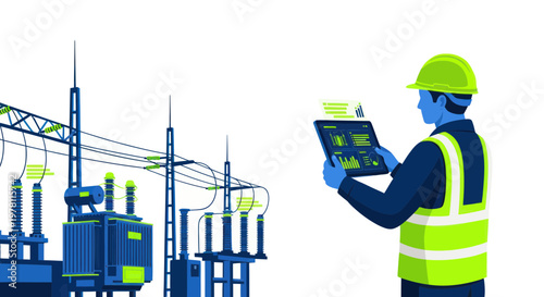 Electrician with Tablet at Power Substation, Energy Infrastructure Monitoring