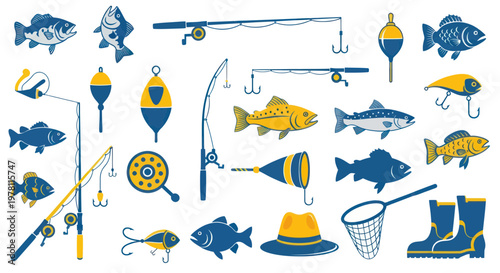 Fishing Gear and Fish Collection - Rods, Reels, Lures, Floats, Hat, Boots, Net