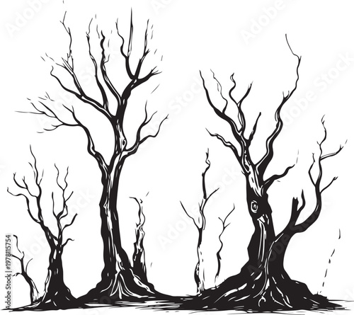 Burnt Trees from Wildfire in Forest Hand-drawn Sketch Drawing Vector Illustration, Line Linear Symbol Black and White Engraving, Isolated