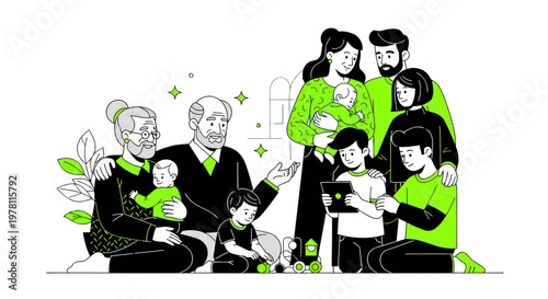 Multi-generational family portrait, diverse people bonding, modern illustration
