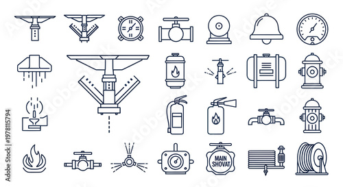 Fire Safety Equipment Icons: Sprinklers, Extinguishers, Hydrants, Alarm, Bell