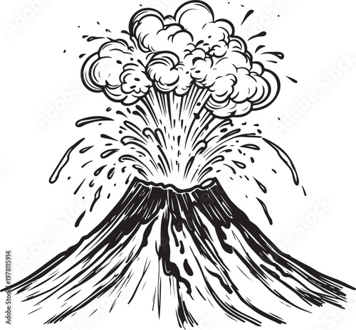 Erupting Volcano Hand-drawn Sketch Drawing Vector Illustration, Line Linear Symbol Black and White Engraving, Isolated