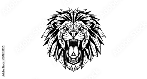 Geometric roaring lion head black and white abstract logo vector illustration isolated on white background