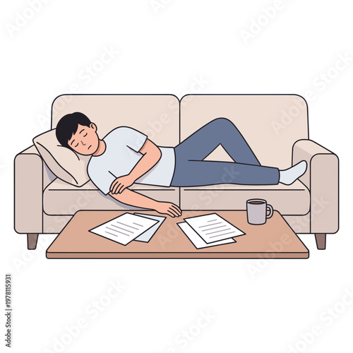 Man reclines on beige couch with papers on coffee table