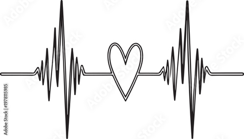 Heartbeat EKG Line Hand-drawn Sketch Drawing Vector Illustration, Line Linear Symbol Black and White Engraving, Isolated