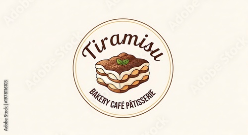 Tiramisu Bakery Cafe Patisserie Logo on Cream Background, Delicious Dessert.