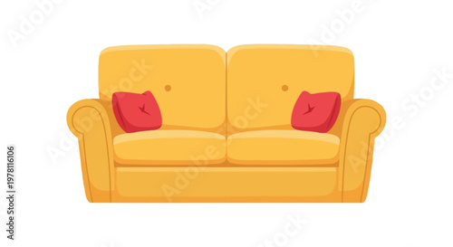 Comfortable yellow sofa with red cushions, perfect for cozy living room decor or animation