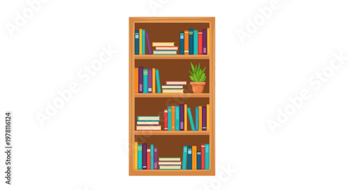 A colorful wooden bookshelf filled with a variety of books and a small potted plant on top shelf