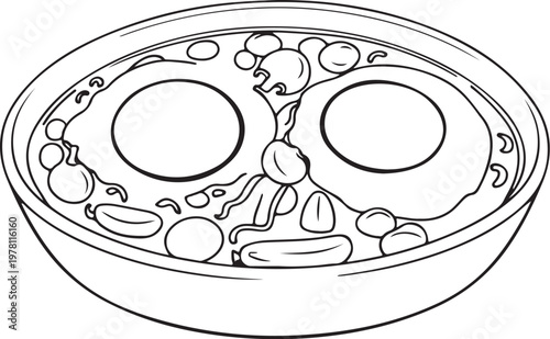 Shakshouka Dish Hand-drawn Sketch Drawing Vector Illustration, Line Linear Symbol Black and White Engraving, Isolated