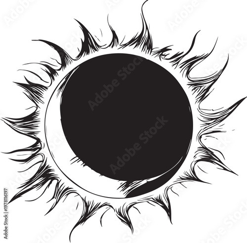 Solar Eclipse Hand-drawn Sketch Drawing Vector Illustration, Line Linear Symbol Black and White Engraving, Isolated