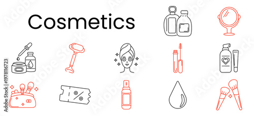Cosmetics set icon. Serum jar, razor, face mask, mascara, lotion, cosmetic bag, ticket, spray, drop, brushes, skincare, beauty, makeup, spa, hygiene