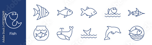 Fish marine wildlife set icon. Tropical fish tuna carp jumping marlin bowl whale tail dolphin ocean depict aquatic animal sea life nature.