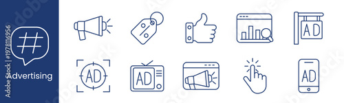 Advertising promotion set icon. Megaphone, hashtag bubble, price tag, analytics chart, billboard sign, mobile ad screen, target frame, media campaign outline collection.