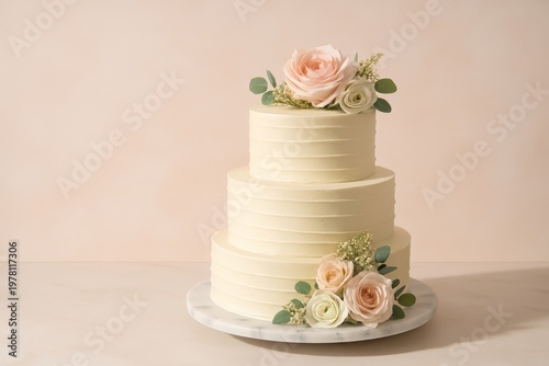 Elegant three-tier wedding cake with delicate fresh roses. A beautiful centerpiece for celebration.