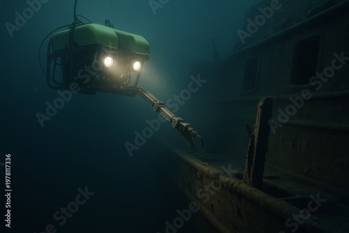 An underwater robot with bright headlights explores a sunken shipwreck in dark depths. This exploration captures the mystery and technology discovering hidden marine worlds.