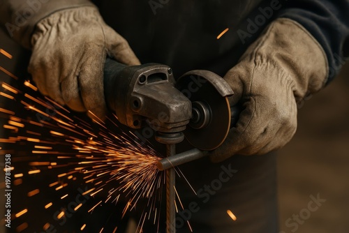 Gloved hands expertly operate an angle grinder, producing vibrant sparks. This intense metalworking process highlights craftsmanship and powerful tools.
