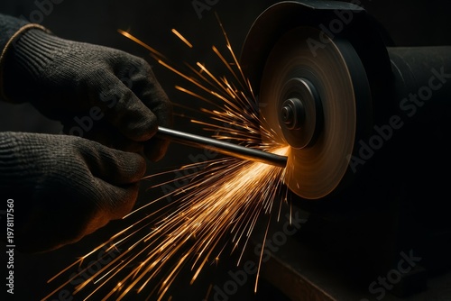 Hands in gloves expertly sharpen metal, sending a shower of bright sparks. Industrial work showcases precision and skill in a dark environment.