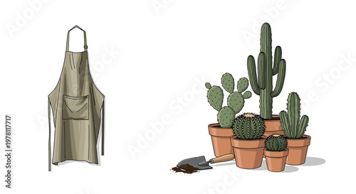Gardening essentials a practical apron and a charming collection of potted cacti with a small shovel and soil, perfect for home gardening enthusiasts and plant lovers