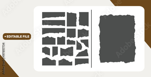 White ripped paper strips collection. Realistic paper scraps with torn edges. Sticky notes, shreds of notebook pages. Vector illustration.