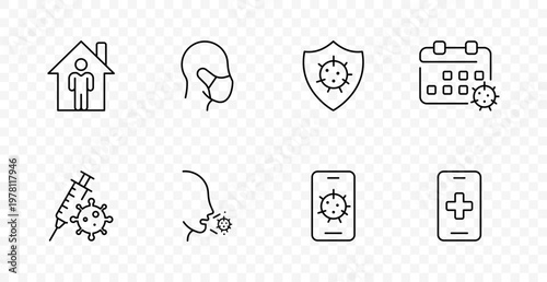 Healthcare pandemic set icon. Home isolation, mask, immune shield, quarantine calendar, vaccine syringe, cough symptom, virus alert on phone, medical cross, safety, prevention