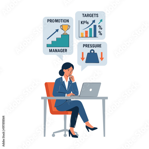 Businesswoman sits at desk with laptop feeling pressure from targets and KPIs