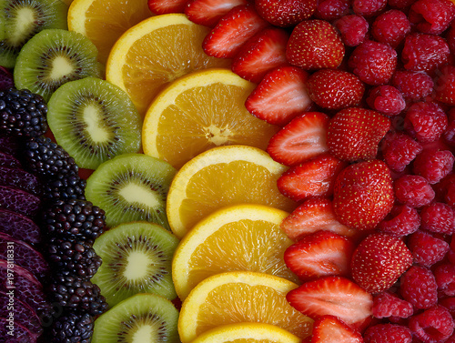 Colorful display of assorted fruits arranged in a vibrant pattern for a summer event or gathering outdoors