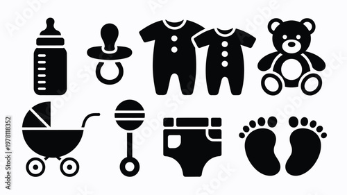 Cute Newborn Essentials Collection with Infant Care Symbols and Accessories