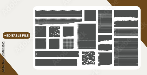 Colored ripped lined paper strips collection. Realistic paper scraps with torn edges. Sticky notes, shreds of notebook pages. Vector illustration.