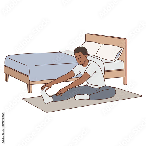 Man stretching on mat beside bed in morning routine