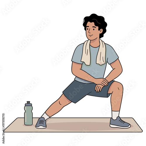 Man stretching on a mat with water bottle nearby outdoors