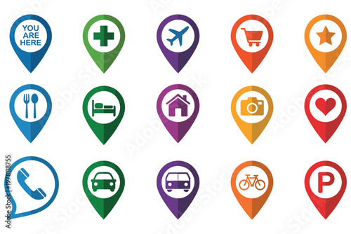 Free Download Location Map Pin Icons Set Pointers Parking Restaurants Hospitals Supermarkets Telephones Stars Terminals Hotels Stations Bicycles Heart Camera House Airplane Navigation Vector Illustration - GFXLoad