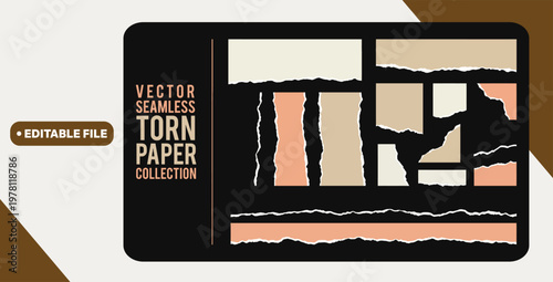 Set of Torn Paper Frames. Colored and black vector collage shape of ripped papers silhouettes isolated on white background. Collection old vintage paper backgrounds. Abstract overlay scratched design.