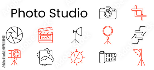 Photo studio set icon. Outline pictograms, camera, crop frame, aperture, clapperboard, light stand, ring light, hand gesture, tripod, photo stack, exposure control, film roll, umbrella light.
