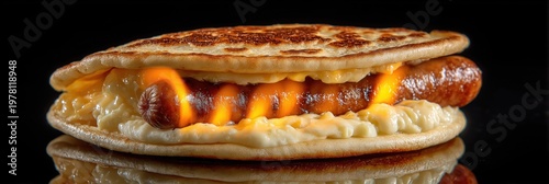 A fiery breakfast sandwich with scrambled eggs, melted cheese and mini sausages sandwiched between two golden pancakes, with dramatic flames in the background.