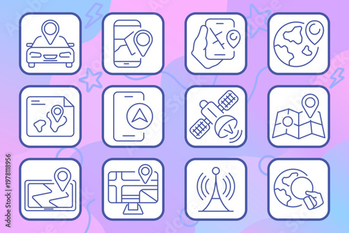 Aviation travel set icon. Outline tiles, pilot cap, target radar, aviator hat goggles, cockpit yoke, airplane pin, mobile boarding pass, helicopter, ticket wallet, window view, badge plane