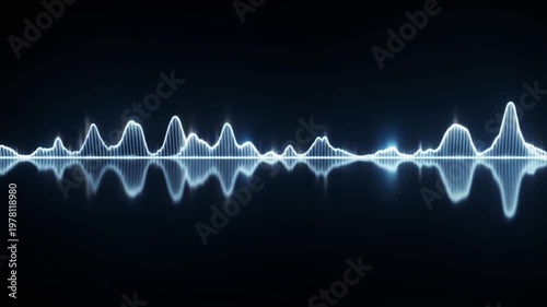 A glowing blue sound wave travels horizontally across a dark background with a reflective surface.