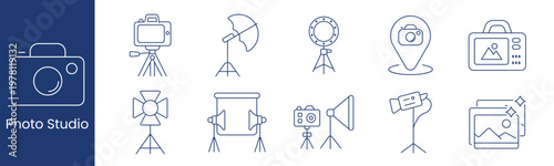 Photo studio set icon. Collection with camera on tripod, umbrella light, ring light, security camera, photo device, softbox, backdrop stand, action camera, spotlight, instant photo