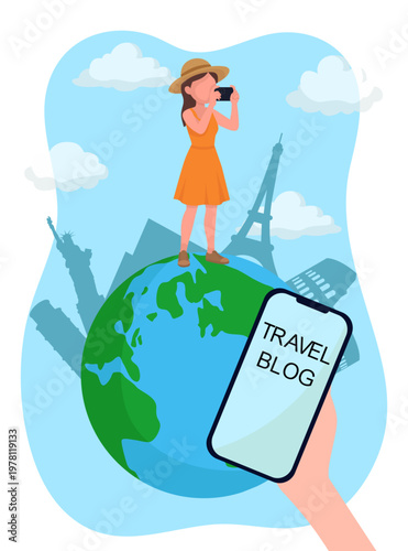 Travel blogger woman taking photos on earth globe with smartphone social media blog Female influence
