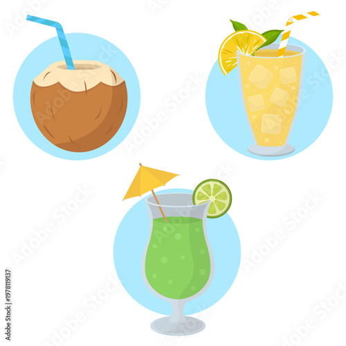 Tropical summer cocktails and coconut drink collection set refreshing beach drinks with lime, orange and umbrella