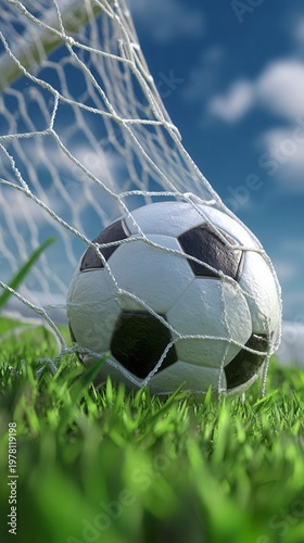 Black and white soccer ball inside the goal net on a lush green field under blue sky, marking a crucial goal. This signifies a winner's celebration at the 2026 World Cup in Mexico, USA, Canada.