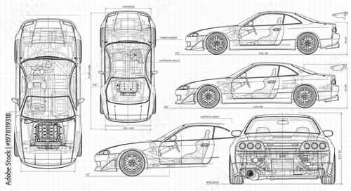 Detailed Car Blueprint Technical Drawing Schematics.