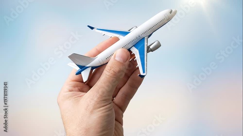 A hand is holding a small airplane model with blue accents against a blurred background of sky and sun, symbolizing travel and dreams of adventure and exploration