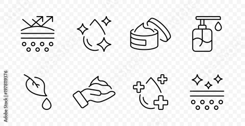 Skincare hygiene set icon. Shower water, clean refresh, cosmetic cream, liquid soap pump, natural leaf, hand care, antibacterial treatment, beauty routine, wellness