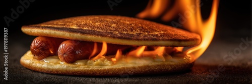 A fiery breakfast sandwich with scrambled eggs, melted cheese and mini sausages sandwiched between two golden pancakes, with dramatic flames in the background.