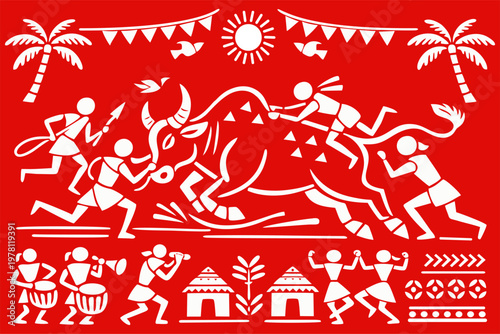 Warli Art Illustration of Jallikattu Bull Taming Festival with Tribal Dancers and Musicians in Red and White Folk Style